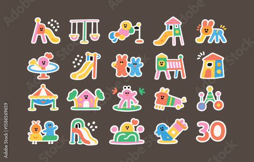 Collection of cute cartoon playground equipment and characters in vibrant colors