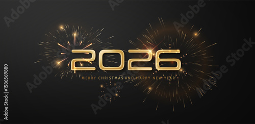 Golden fireworks burst 2026 numbers on dark background. Happy New Year celebration night. Vector festive design for banners, posters, and invitations.
