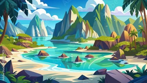 El Nido, Palawan, Philippines – Crystal lagoons, karst cliffs, and white sand beaches combine to form paradise. Transparent waters reflect jagged rocks, ideal for a dreamy, high-detail tropical vector