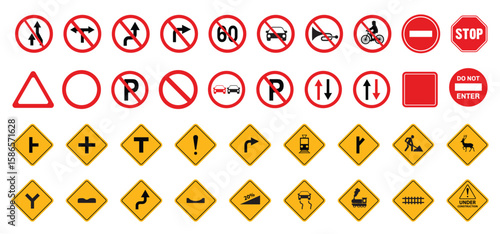 Set of road sign vector icons. road sign collection Free Vector. Traffic signs. set of red warning signs