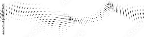 A dynamic, abstract visual featuring a wave-like formation created by a gradient of black dots. The pattern flows across a clean white background, suggesting movement and depth.