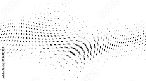 Abstract wave pattern of varying sized black dots on white background