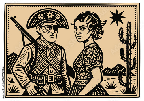 Brazilian cangaceiros Lampiao and Maria Bonita. Bandits, folk heroes of Brazil. Brazilian cordel style. Northeast woodcut