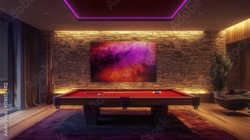 Luxurious game room with billiards, art and soft lighting, with hardwood and stone