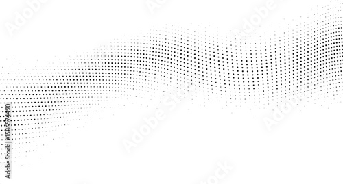 A dynamic, flowing wave composed of numerous black dots of varying sizes against a clean white backdrop, creating a sense of movement and depth.