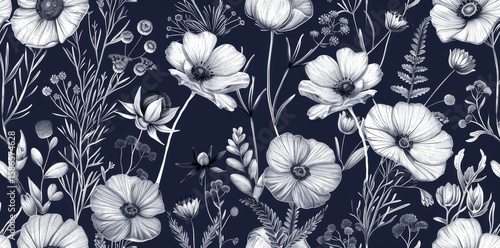 A black and white floral pattern with gold accents. The flowers are arranged in a way that creates a sense of movement and depth. Scene is elegant and sophisticated