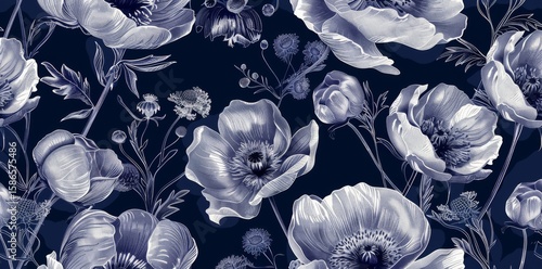 A black and white floral pattern with gold accents. The flowers are arranged in a way that creates a sense of movement and depth. Scene is elegant and sophisticated