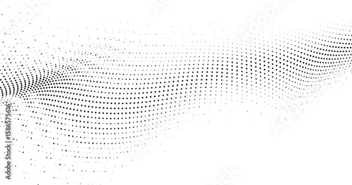 A dynamic, flowing wave composed of varying sized black dots against a clean white backdrop. The pattern creates a sense of movement and depth.