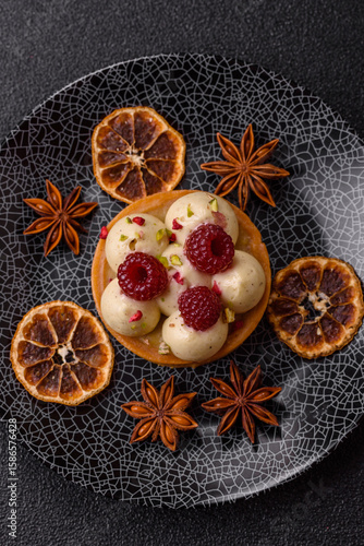 Wallpaper Mural Sweet cake or tart round with cream and raspberries. Raspberry sweet tart Torontodigital.ca