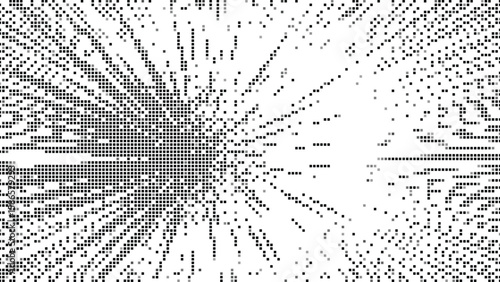 Abstract digital pattern of black and gray squares radiating outwards on a white background