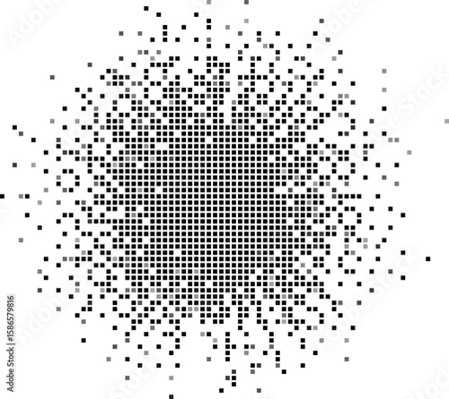 Abstract pixelated explosion effect with scattered black and gray squares on a white background