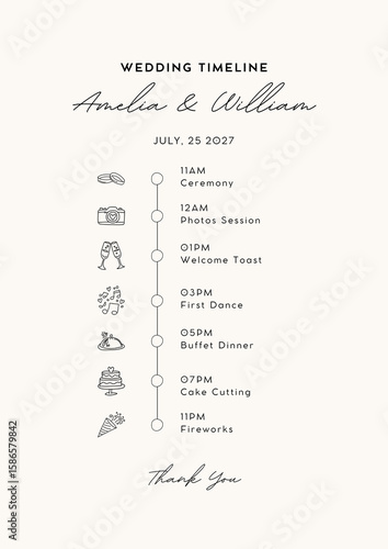 Amelia and william s wedding timeline with elegant icons and script font