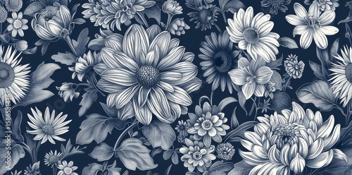 A black and white floral pattern with gold accents. The flowers are arranged in a way that creates a sense of movement and depth. Scene is elegant and sophisticated