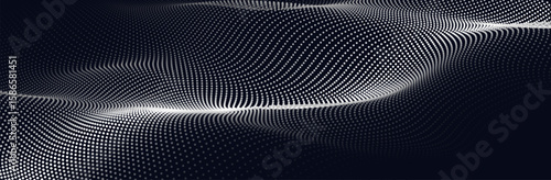 Wave of particles on dark background. Technology backdrop. Pattern for presentations. Vector illustration