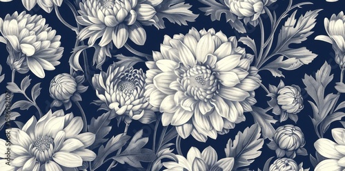 A black and white floral pattern with gold accents. The flowers are arranged in a way that creates a sense of movement and depth. Scene is elegant and sophisticated