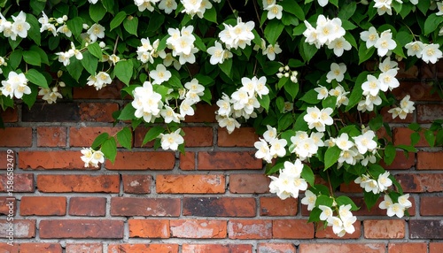 Blooming jasmine on brick wall