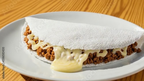 Savory Brazilian Tapioca Crepe with Meat and Melting Cheese on a White Plate Closeup