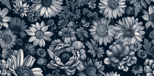 A black and white floral pattern with gold accents. The flowers are arranged in a way that creates a sense of movement and depth. Scene is elegant and sophisticated
