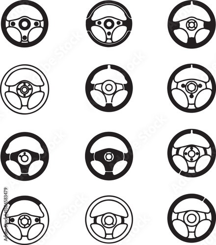 Diverse Collection of Steering Wheel Icons A Visual Compilation of Automotive Control and Design Elements for Various Applications