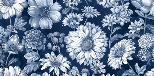 A black and white floral pattern with gold accents. The flowers are arranged in a way that creates a sense of movement and depth. Scene is elegant and sophisticated