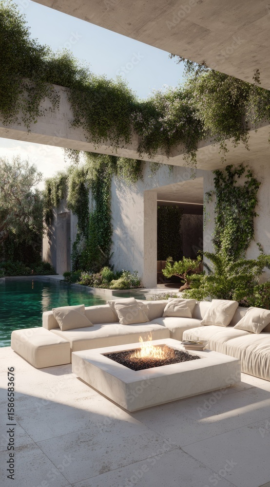 Fototapeta premium Outdoor living area with fire pit and pool