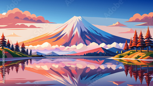 Mount Fuji, Honshu Island, Japan – Japan’s sacred peak stands snow-covered and symmetrical, mirrored in the still waters of Lake Kawaguchi. A tranquil, spiritual masterpiece for timeless vector scenes