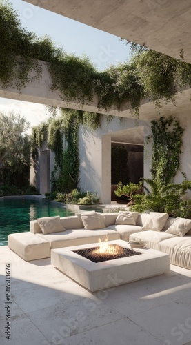 Outdoor living area with fire pit and pool