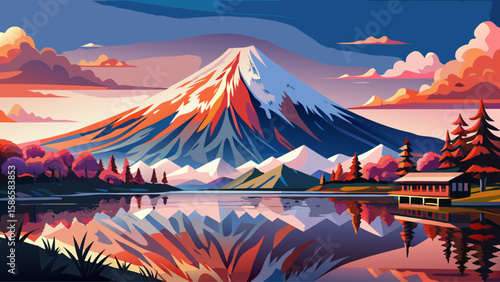 Mount Fuji, Honshu Island, Japan – Japan’s sacred peak stands snow-covered and symmetrical, mirrored in the still waters of Lake Kawaguchi. A tranquil, spiritual masterpiece for timeless vector scenes