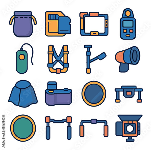 Camera icon collection. photography essentials simple icons: bag, sd card, tripod, lens, drone, flashlight, remote, mirror, microphone, gimbal
