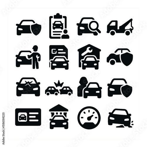 Car insurance icon collection: simple silhouette auto, policy, repair, accident, claim