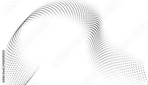 Abstract flowing wave pattern composed of numerous black dots on a clean white background