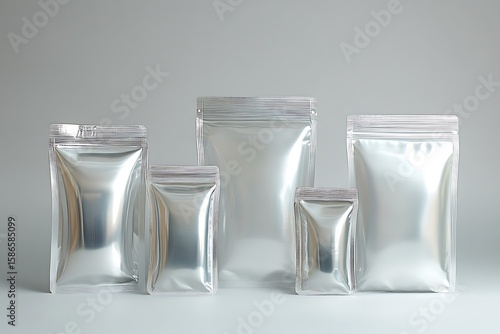 A studio shot showcasing various sizes of blank, shiny aluminum foil pouches for food or cosmetic product packaging