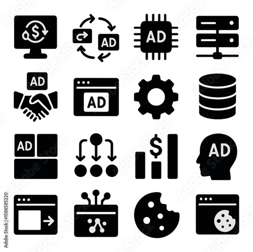 Programmatic advertising icon collection. simple silhouette set: ad, exchange, data, analytics