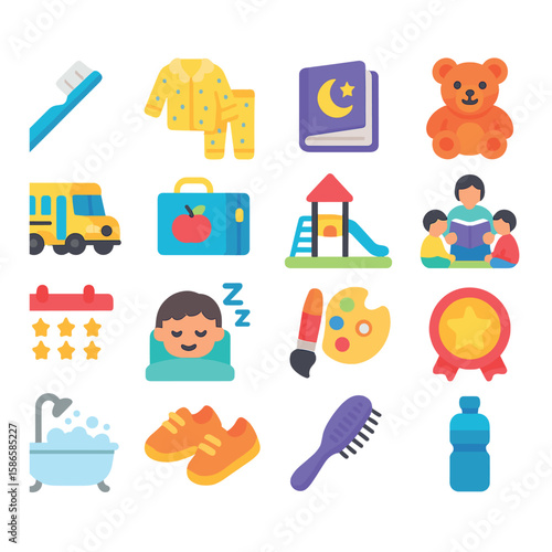 Children's routine icon collection. daily activities flat set. toothbrush, pajamas, book, toy, backpack, school, play, family, sleep, paint, award, hygiene, sneakers, comb, bottle