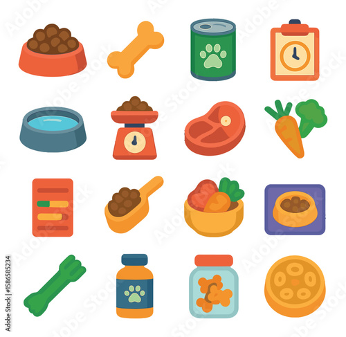 Dog nutrition icon collection. simple pet food silhouette. kibble, bone, meat, bowl, scale, carrot