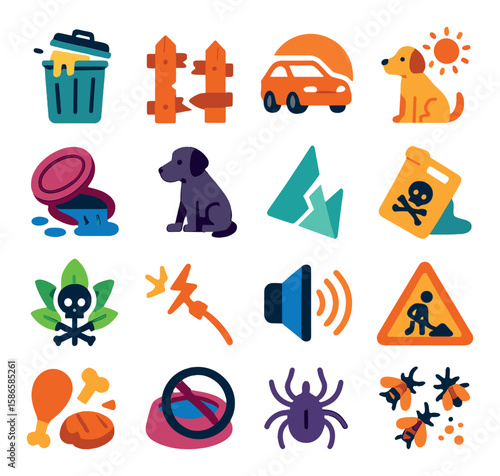 Urban hazard icon collection. simple flat design. trash, dog, car, barrier, skull,