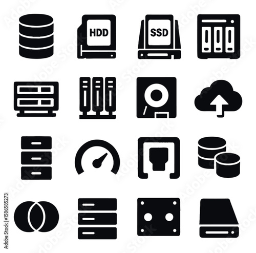 Server storage icon collection. simple silhouette hdd, ssd, raid, cloud, network, disk drive