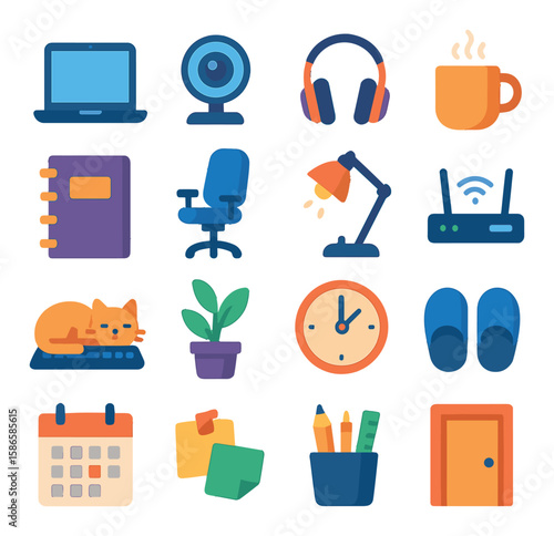 Home office icon collection. minimal flat design icons: laptop, webcam, headphones, desk lamp, router, cat, plant, clock, slippers, calendar, stationery.