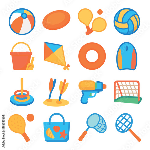 Beach games icon collection. summer fun flat icons: ball, paddle, kite, bucket, goal