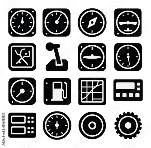 Aviation instruments icon collection. aviation, cockpit, gauge, meter, dashboard, flight, fuel gauges, silhouette