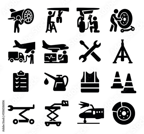 Aircraft maintenance icon collection. aviation tools silhouette set. plane, wrench, oil, ladder, cones, vest