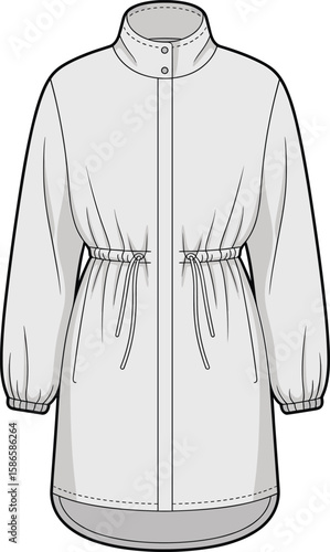 Women's Longline Parka Jacket CAD Drawing Flat Vector Fashion Illustration with Drawstring Waist, Voluminous Sleeves, and Embroidery.