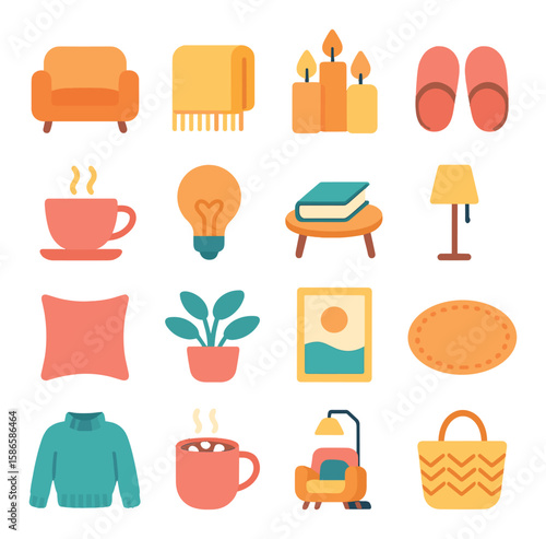 Cozy home essentials icon collection. comfort, lighting, blanket, candle, mug, slippers, plant, flat design