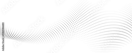 Abstract flowing wave pattern composed of small black dots on a clean white background