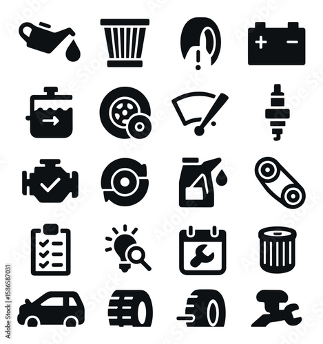 Car maintenance icon collection: simple silhouette toolbox - oil, battery, engine, wheel