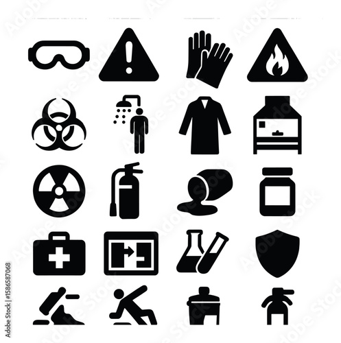 Lab safety icon collection. essential lab symbols silhouette style: goggles, fire, gloves, biohazard, emergency,