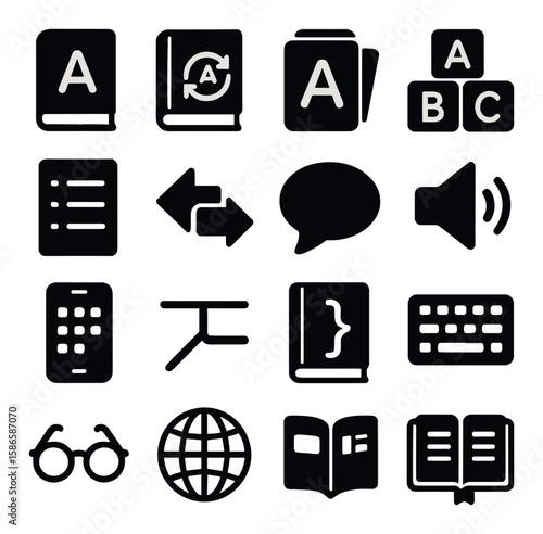 Language learning icon collection: simple silhouette style symbols. book, chat, keyboard, globe