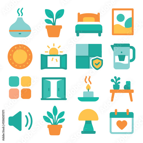 Wellness icon collection. relaxation flat icons: diffuser, plant, candle, bed, calendar