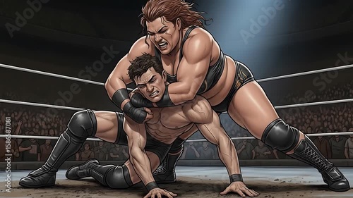 Female wrestler doing a submission hold to her opponent in ring animated