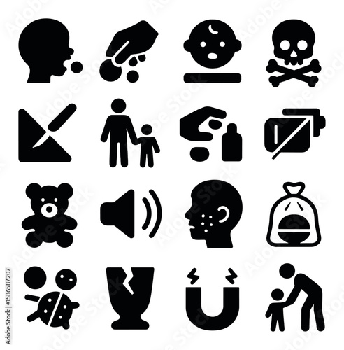 Toy safety icon collection: simple silhouette kids' safety symbols, no choke, toxic-free